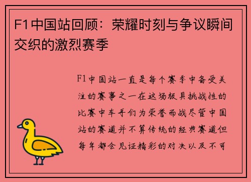 F1中国站回顾：荣耀时刻与争议瞬间交织的激烈赛季